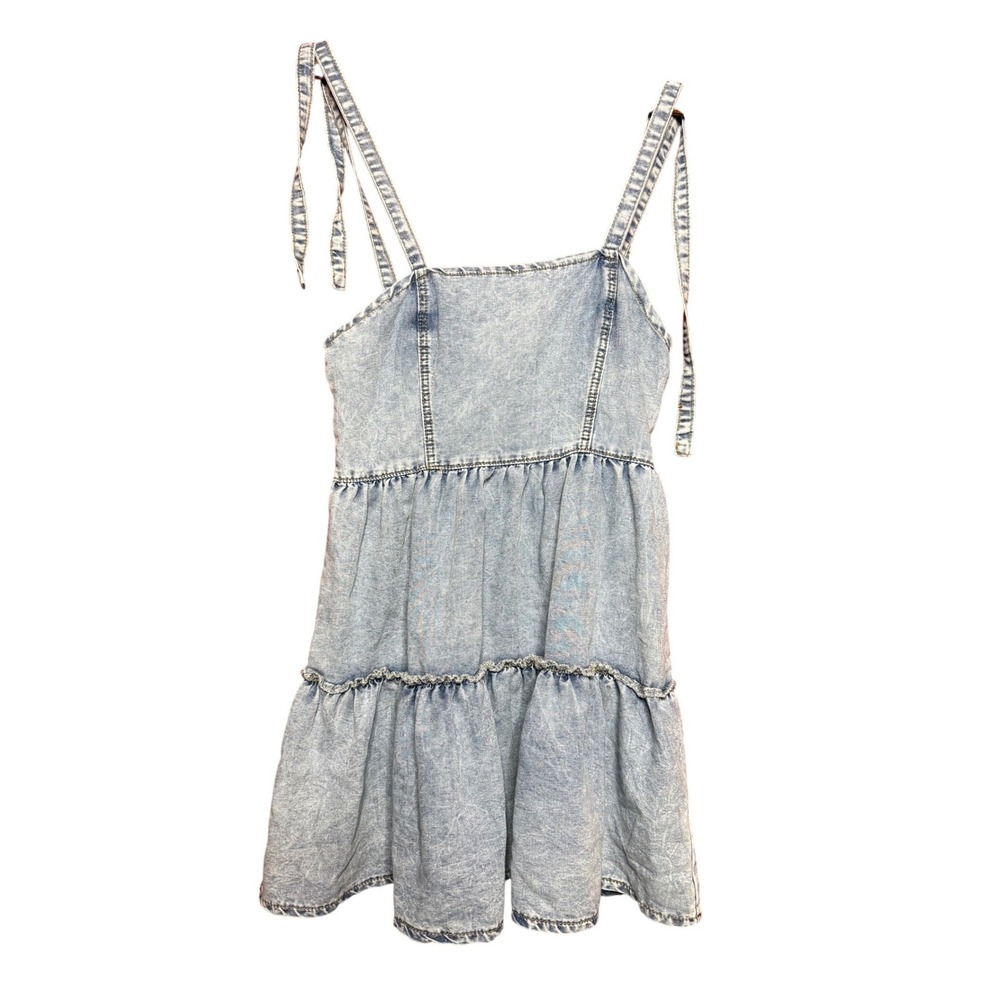 SHEIN Women Large‎ Acid Wash Denim Tiered Midi Dress Tie Shoulder Babydoll Blue